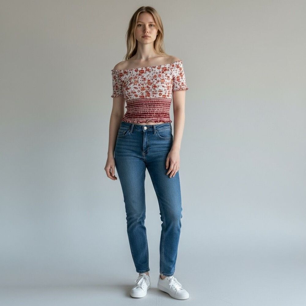 Derek Heart White Red ombre Stretchy off the shoulder short sleeve crop top M